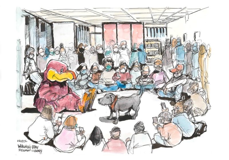 Ink and gouache sketch of a dog in a cricle of people and the HokieBird in Newman Library