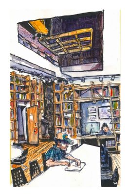 Ink and watercolor sketch of the library at the Virginia Tech Washington -Alexandria Architecture Center library 