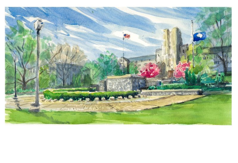 Watercolor sketch of the April 16 Memorial on the Drillfield