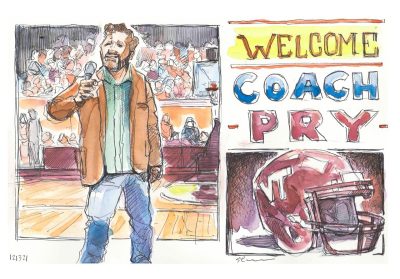 Ink and watercolor of coach pry addressing the home basketball game crowd , a football helmet, and 'welcome coach pry'