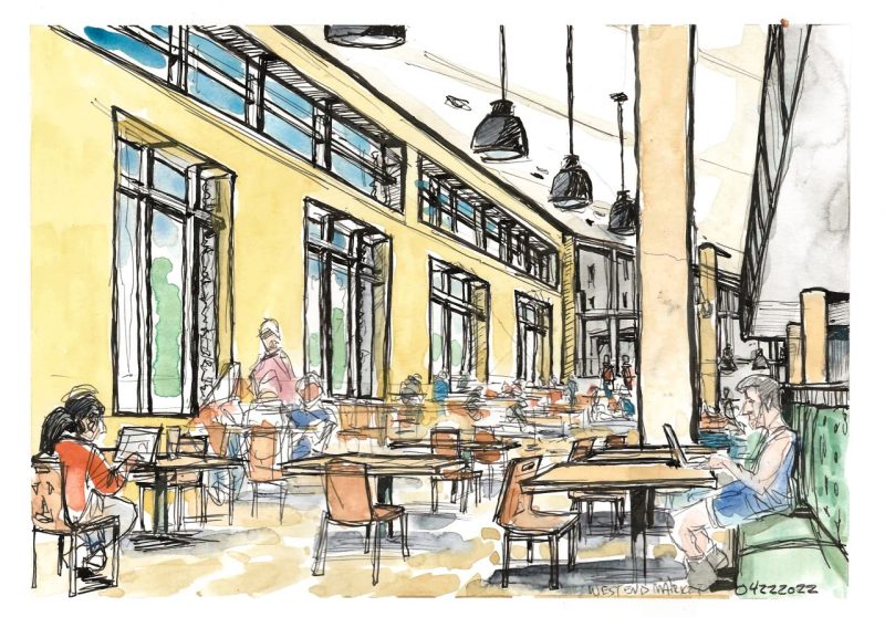 Ink and watercolor sketch of interior, west end market near the end of the semester