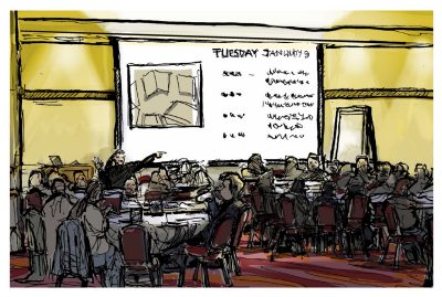 Ink and digital sketch of the Cascade Room at the Inn at Virginia Tech; faculty participate in a winter writing retreat