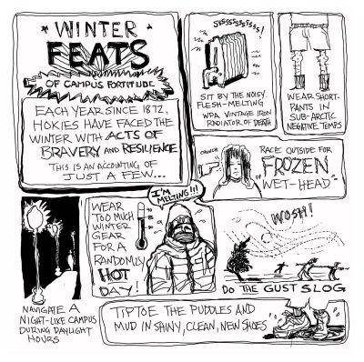 Digital editorial cartoon of hardships hokies have to overcome in winter months