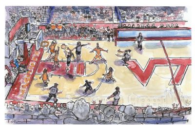 Ink and watercolor sketdh of the women's basketball team versus clemson