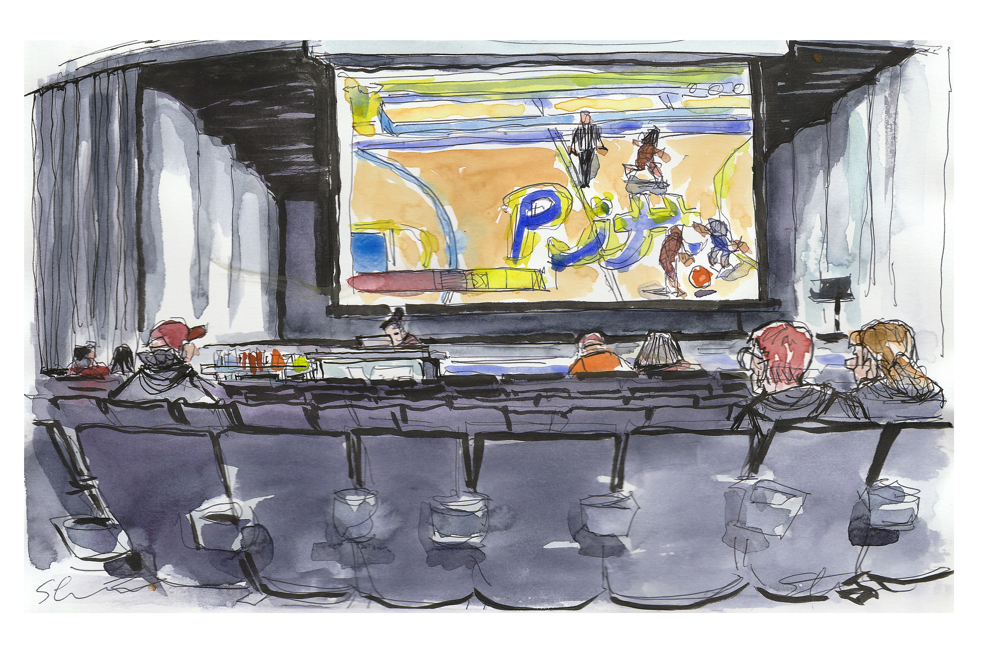 Ink and watercolor sketch of an auditorium of students watching the women's basketball team at Pittsburgh; This watch party was in the GLC auditorium