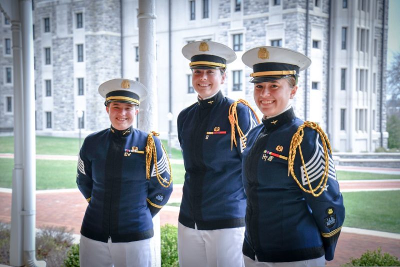Spring semester battalion commanders were (from left) Claudia McCarthy, Eleanor Verburg, and Skyler Powell.