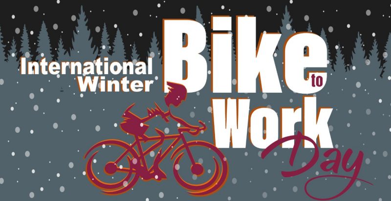 Bike to work day - Graphic of snow on a biker with text