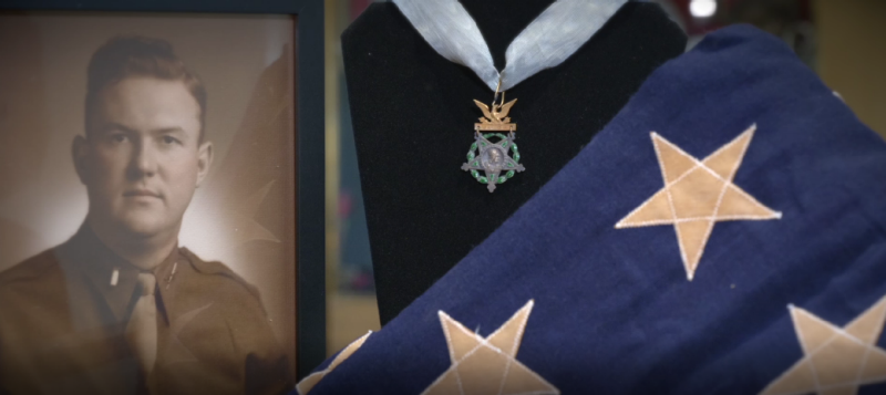 Graphic depicting a portrait of Monteith, his Medal of Honor, and a folded flag
