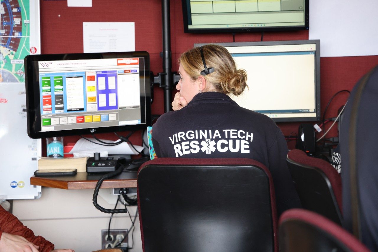 A member of the Virginia Tech Rescue Squad on standby if a call comes in.