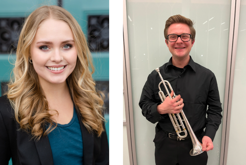 Haley Hansen with long blonde hair, smiling; Keenan Clemmitt, smiling and holding a trumpet