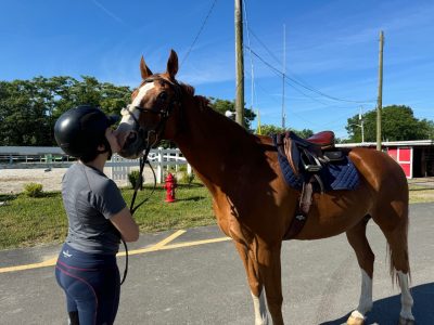 Esther Vergel kissing a horse outside of a horse arena