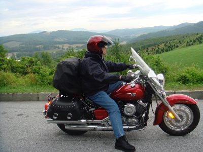 Greg Daniel riding his motorcycle on the Blue Ridge Parkway.