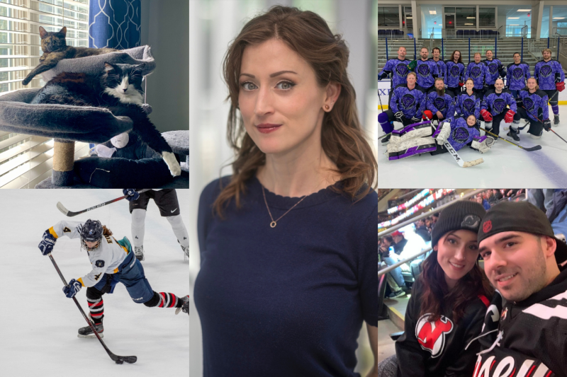 A collage of photos of Kristin Eden, her cats, and her hockey team.