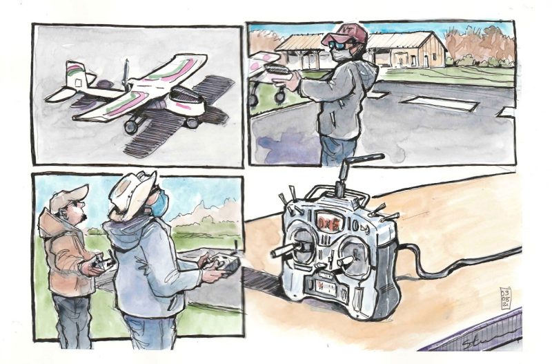 Sketch in ink and watercolor of drone practice at Kentland Farm