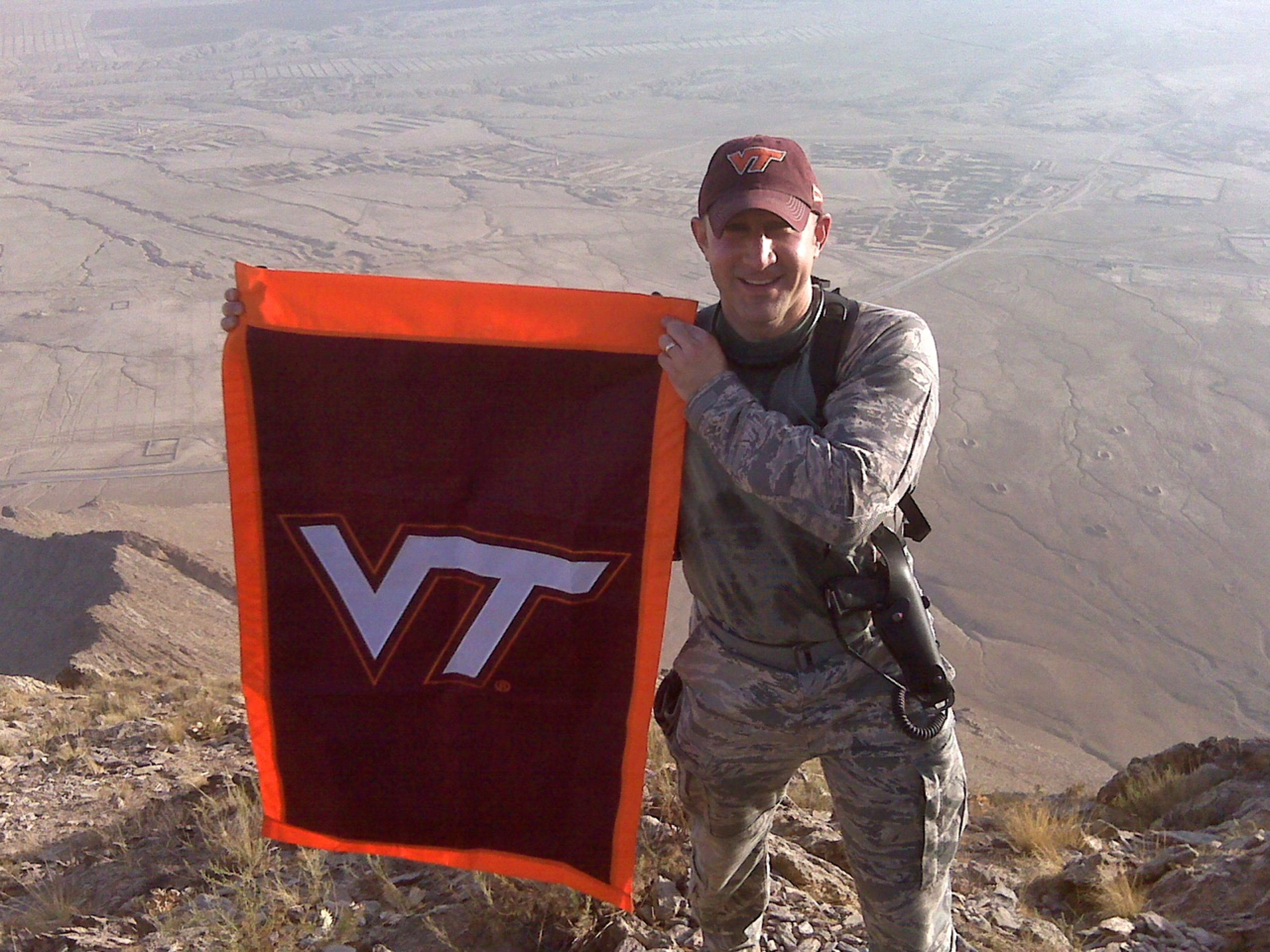 Lt. Col Tom Whitlock, U.S. Air Force, Virginia Tech Corps of Cadets Class of 1995 shown in while on deployment in Afghanistan