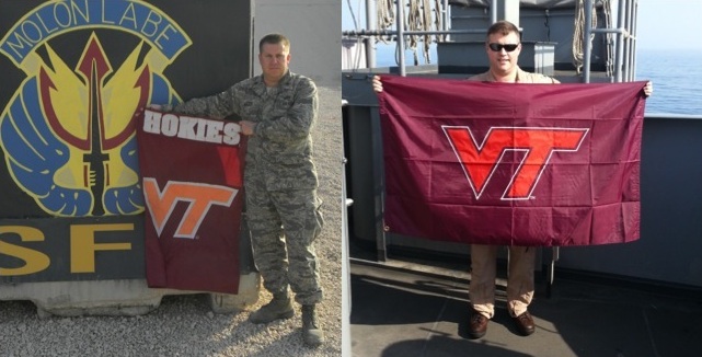 From left to right are Maj. Craig Mills, U.S. Air Force, Virginia Tech Corps of Cadets Class of 2002 and Cmdr. Jason Darish, U.S. Navy, Virginia Tech Corps of Cadets Class of 1995.