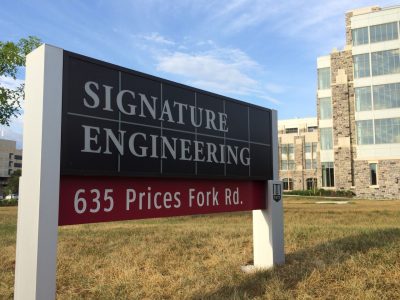 One of the new signs installed outside of the Signature Engineering building.
