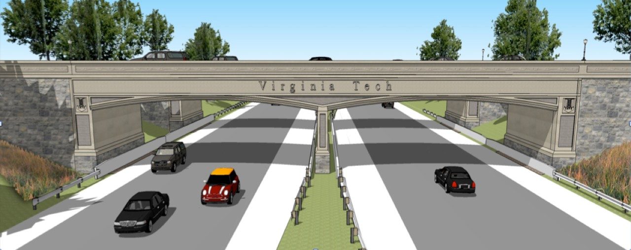 The proposed Southgate interchange bridge showing the Virginia Tech name and shield as seen from Route 460.