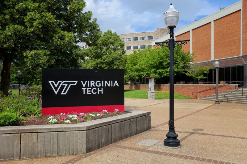 Virginia Tech sign in front of Squires Student Center