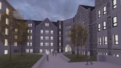Upper Quad Corps Residence Hall Interior Courtyard at Dusk