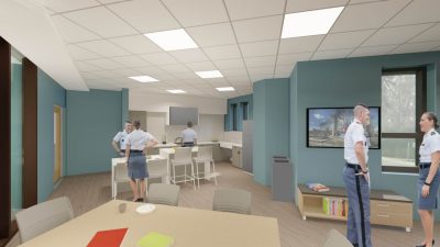 Rendering of interior kitchen and lounge area in Upper Quad Residence hall