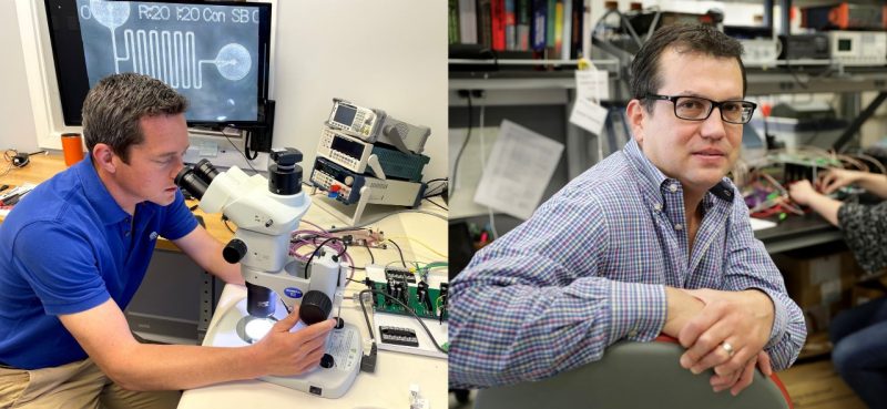 Virginia Tech alumnus Jeff Schultz (left), co-founder of Phase, Inc. and Rafael Davalos, the L. Preston Wade professor of biomedical engineering and mechanics (right).