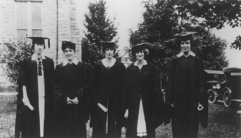 This is a photograph from 1925 of the first five full-time women students at Virginia Polytechnic Institute (left to right): Mary Ella Carr Brumfield, Ruth Terrett, Lucy Lee Lancaster, Louise Jacobs, Carrie Taylor Sibold. An additional seven women enrolled part-time in 1921. Historical Photograph Collection, Special Collections, Virginia Tech.