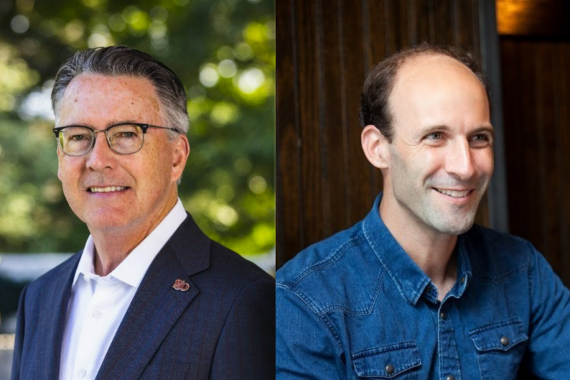 President Tim Sands (at left) and Scott Hartley (at right), a venture capitalist, author, and speaker, will discuss the role of humanities and technology in leadership on Friday at 10 a.m. at Haymarket Theatre.