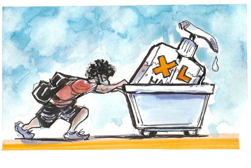 Doodle of student pushing an XL bottle of sanitizer