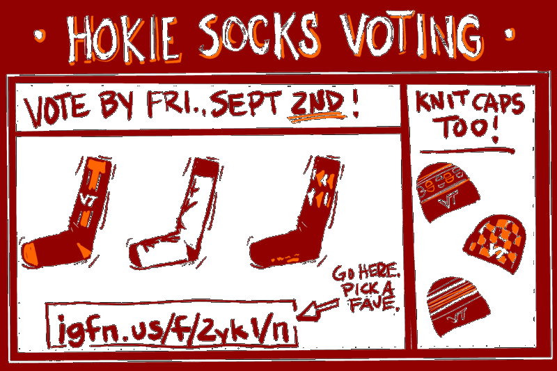 Digital animated sock voting panel with three Hokie socks and three Hokie knit caps
