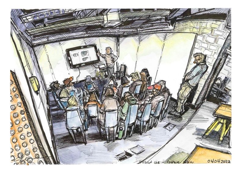 Ink and watercolor sketch of graduate level design lab lecture in Cowgill Hall