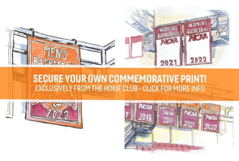 Ink and watercolor sketches of men's and women's basketball banners in cassell coliseum special offer from Hokie Club