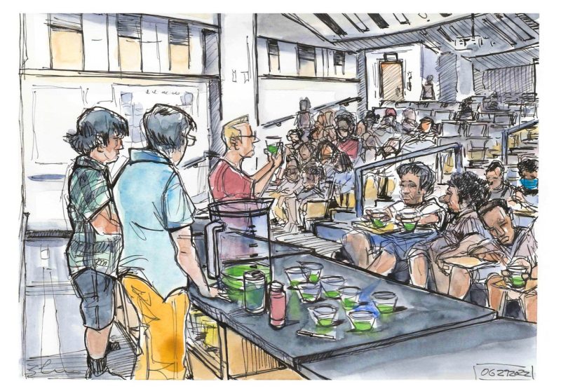 Ink and watercolor sketch of Dr Lou Madsen showing a group of BCI students a polymer demo in an auditorium in Davidson Hall