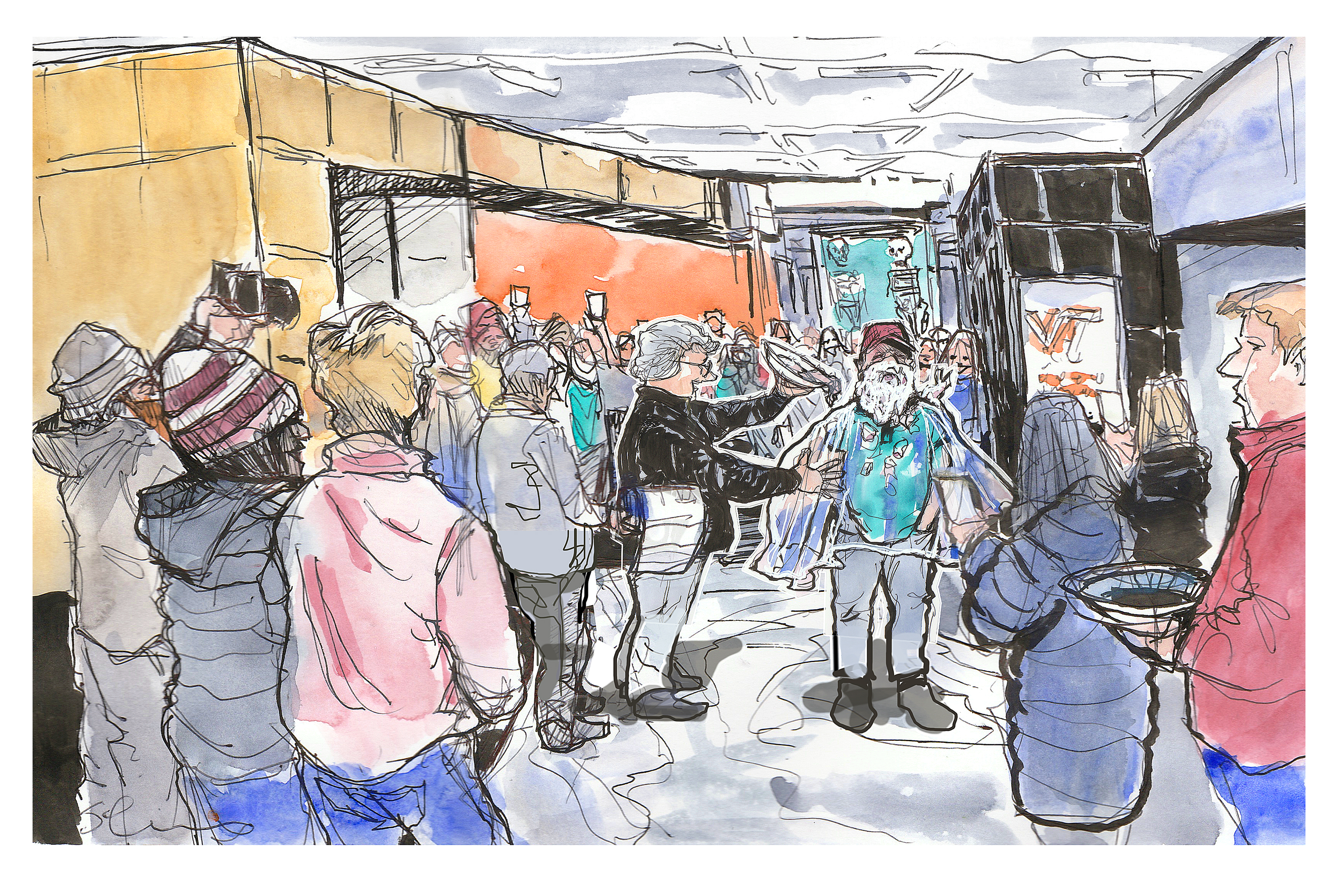 Ink and watercolor sketch of Department of Biological Sciences department head getting a pie in the face from Department of Geosciences department head to celebrate Pi Day