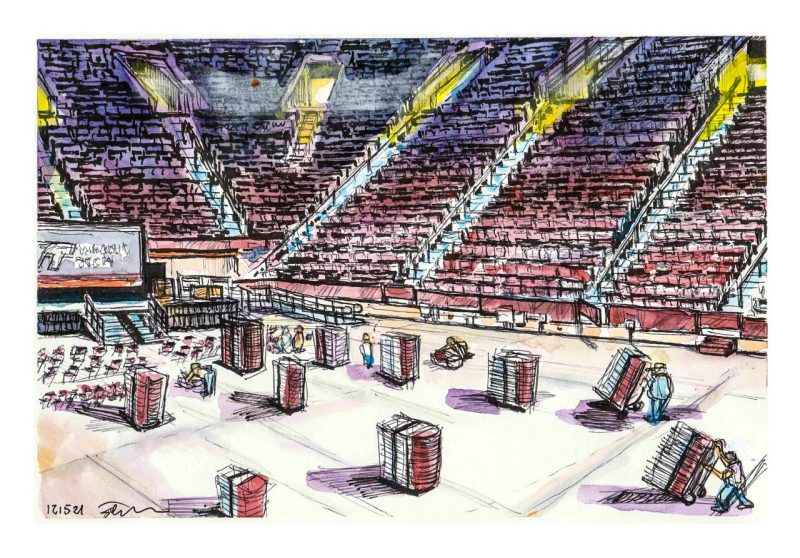 Ink and watercolor of employees putting out chairs for 2021 Fall Commencement 
