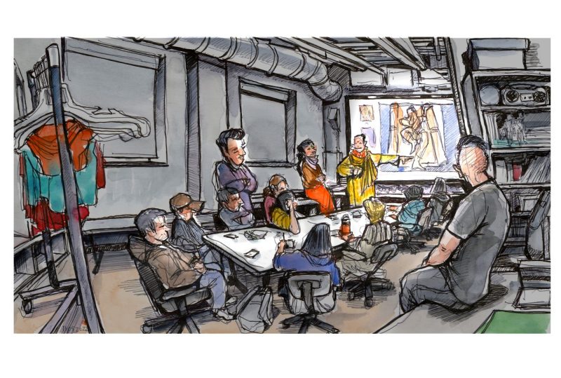ink and watercolor sketch of a classroom of costume design students with Ahuti cast members