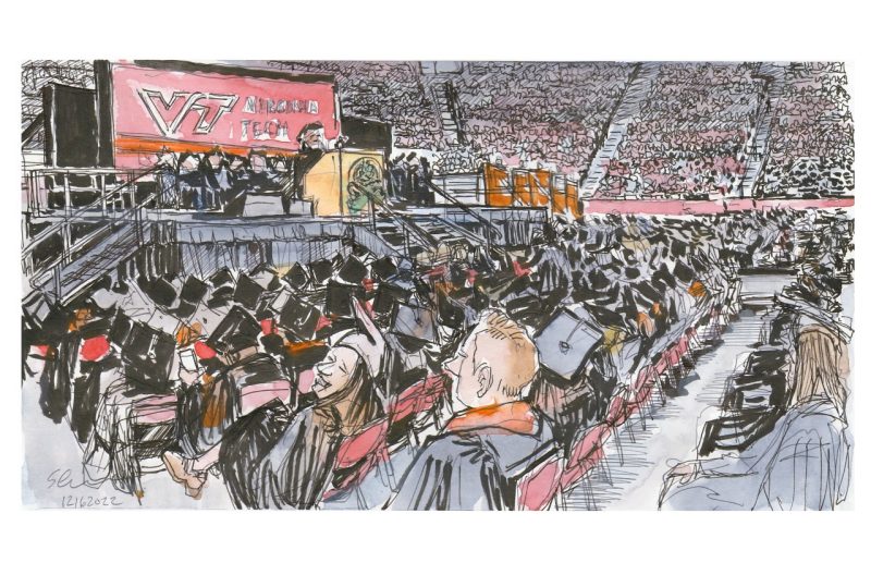 Ink and watercolor sketch of 2022 fall commencement ceremony