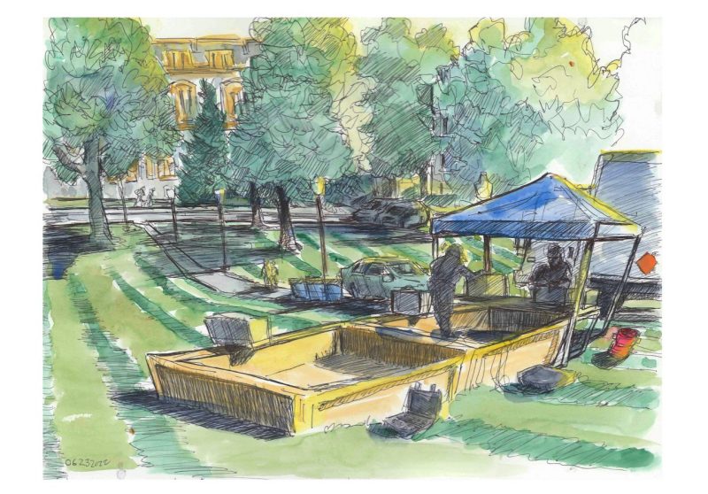 Ink and watercolor sketch of 4H fireworks prep on the Drillfield