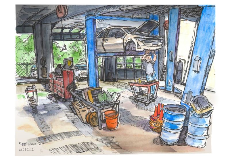 Ink and watercolor sketch of mechanic under car in the fleet garage