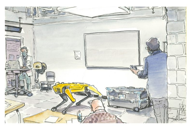 Ink and watercolor sketch of robo device Spot inside room 132 of Bishop-Favrao Hall. Two researchers appear. One uses a remote control interface to control Spot. 