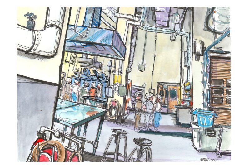 ink and watercolor sketch of the pilot plant food science facility inside HABB1