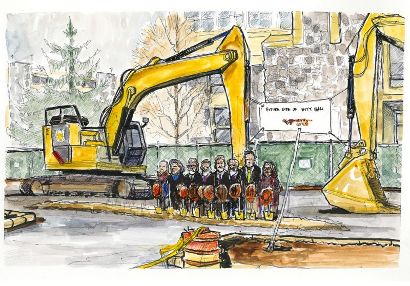 Ink and watercolor of groundbreaking for Hitt Hall