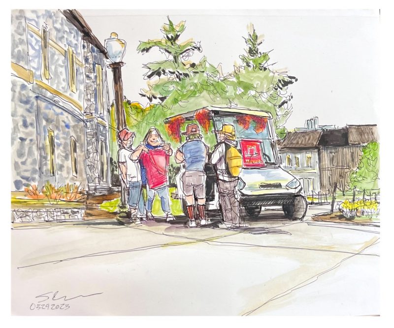 ink and watercolor sketch of students offering tshirts to other studetns and also rides on HokieCab