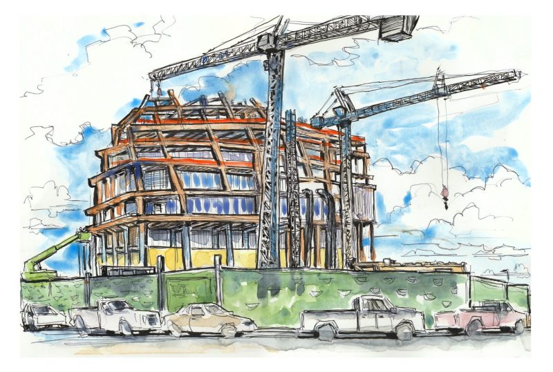 Ink and watercolor sketch of the Innovation Campus construction site