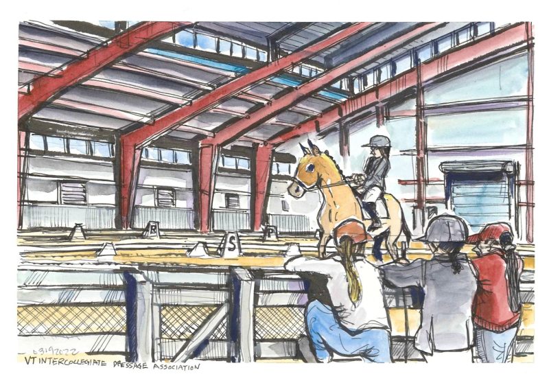 Ink and gouache sketch of a dressage rider on a horse in the Alphin-Stuart Livestock Teaching Arena; three people lean on the fence, watching