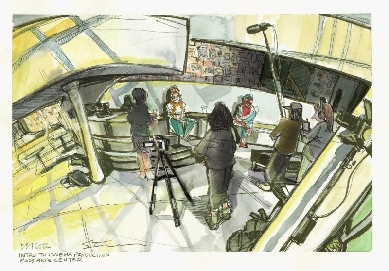 Ink and watercolor sketch of students shooting footage for their Intro to Cinema Production course; the picture shows a boom mic, camera on tripod and students around the Grand Stairwell of the Moss Arts Center