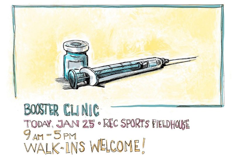Digital sketch reminder of booster clinic on Jan. 25 from 9am to 5pm