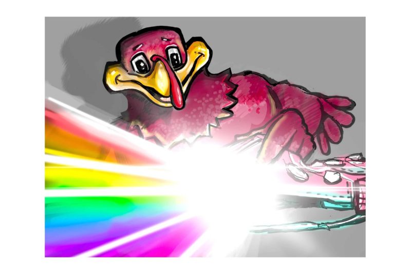Digital sketch of the HokieBird opening a backpack that's emtitting a rainbow of light. Blam! 