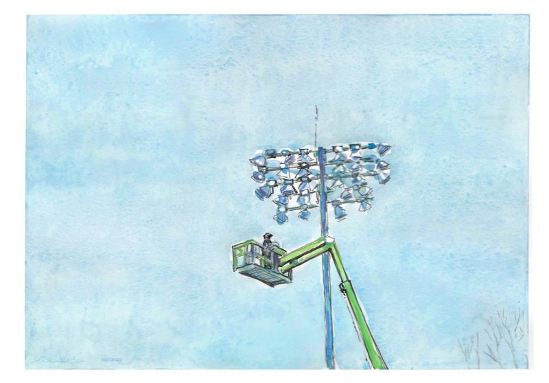 Ink and gouache sketch of cherry picker changing lights at English Field