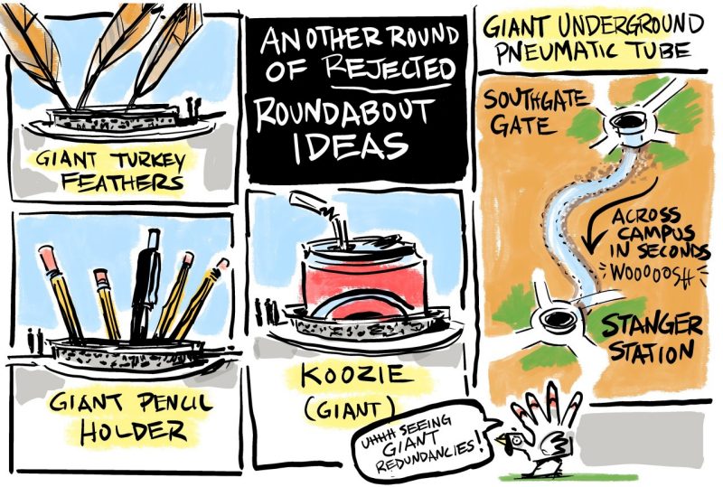 Digital sketch of ideas for what can go in campus roundabouts -- giant turkey feathers, giant pencil holder, giant koozie, giant pneumatic tube system